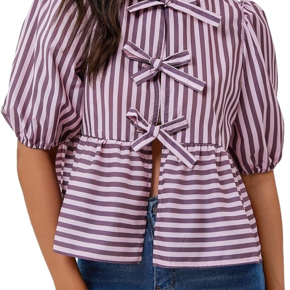 Tankaneo women’s tie front top - Lilac striped - Picture 3 of 4